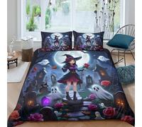 TZOVPCDFA Halloween 3D Printing Duvet Covers Bedding Set Witch Microfibre Soft And Pillowcase Hidden Zipper for Kids Double(200x200cm)