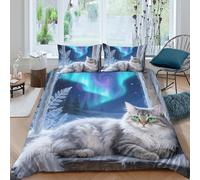 TZOVPCDFA Norwegian Forest Cat 3D Printing Duvet Cover Set Bedding Set Aurora Microfibre Soft Pillowcases Hidden Zipper Children Teenagers Double(200x200cm)