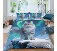 TZOVPCDFA Norwegian Forest Cat 3D Printing Duvet Cover Set Bedding Set Aurora Microfibre Soft Pillowcases Hidden Zipper Children Teenagers Double(200x200cm)