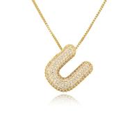 TZPI 18K Bubble Letter Necklace Gold for Women, Initial Necklaces Rhinestone Chunky Bubble Letter Necklace as Birthday Gifts Charm Puff Name Pendant Alphabet Necklaces Non Tarnish Gold Plated Jewelry