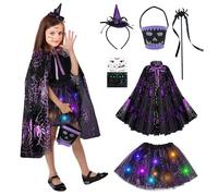 TZQFROCE Witch Costume for Girls Halloween Costume Kids Spider Halloween Witch Costume with Cape, Witch Skirt, Headband and Wand for Girls Halloween Carnival Cosplay Party Dress Fancy Dress