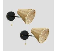TZSMUM Boho Indoor Wall Light E27 Base Wall Lighting with Pull Cord Switch Wall Sconce 90° +180° Rotation Wall Lamp Hand Woven Rattan Lampshade for Living Room Bedside Hallway (2 Packs)