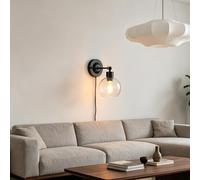 TZSMUM E27 Wall Sconce with Switch Plug Wall Lighting 180° Rotatable Retro Industrial Wall Light Glass Lampshade Indoor Reading (Bulb not Included) for Bedroom Hallway Corridor (1 Pack,Black)