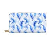 TZTTZT Blue Feather Print Wallet Women, Leather Bifold Multi Card Wallet, Long Purse Women's Wallets
