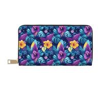 TZTTZT Blue Purple Tropical Plants Print Wallet Women, Leather Bifold Multi Card Wallet, Long Purse Women's Wallets