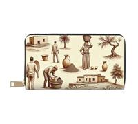 TZTTZT Vintage Brown Village Life Print Wallet Women, Leather Bifold Multi Card Wallet, Long Purse Women's Wallets