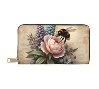 TZTTZT Vintage Pink Bee Blossom Print Wallet Women, Leather Bifold Multi Card Wallet, Long Purse Women's Wallets