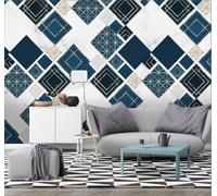 Tzxztt Abstract Blue Geometric Gold Lines Modern 3D Wallpaper Premium Textured Silk Neutral Tones Material Ideal for Living Room Bedroom-150cm×105cm