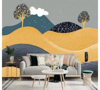 Tzxztt Abstract Golden Hills Trees White Clouds Landscape Art Modern 3D Wallpaper Premium Textured Silk Neutral Tones Material Ideal for Living Room Bedroom-300cm×210cm