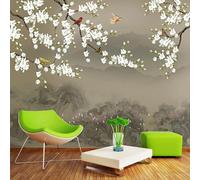 Tzxztt Abstract Mountain Peaks Branches Flowers Flying Birds Modern 3D Wallpaper Premium Textured Silk Neutral Tones Material Ideal for Living Room Bedroom-350cm×256cm
