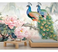 Tzxztt Abstract Mountain Peaks Pink Peony Peacock Modern 3D Wallpaper Premium Textured Silk Neutral Tones Material Ideal for Living Room Bedroom-200cm×140cm