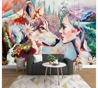 Tzxztt Abstract Sexy Beautiful Woman Hand Drawn Animals Wolf Modern 3D Wallpaper Premium Textured Silk Neutral Tones Material Ideal for Living Room Bedroom-350cm×256cm