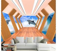 Tzxztt Abstract Spatial Extension Geometric Seascape Dolphins Modern 3D Wallpaper Premium Textured Silk Neutral Tones Material Ideal for Living Room Bedroom-350cm×256cm