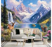 Tzxztt Aesthetic Waterfall Mountains & Lakes Sika Deer Wildflowers Modern 3D Wallpaper Premium Textured Silk Neutral Tones Material Ideal for Living Room Bedroom-150cm×105cm