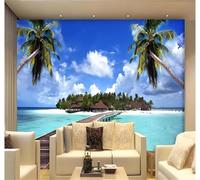 Tzxztt Beach Seascape Coconut Trees White Clouds Wooden Bridge Cottage Modern 3D Wallpaper Premium Textured Silk Neutral Tones Material Ideal for Living Room Bedroom-300cm×210cm