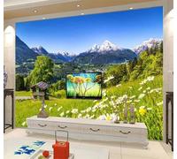 Tzxztt Beautiful Blue Sky Grasslands Woods Snow Capped Mountains Scenery Modern 3D Wallpaper Premium Textured Silk Neutral Tones Material Ideal for Living Room Bedroom-250cm×170cm