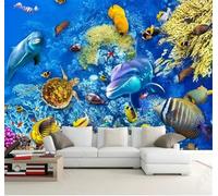 Tzxztt Beautiful Blue Underwater World Whale School of Fish Modern 3D Wallpaper Premium Textured Silk Neutral Tones Material Ideal for Living Room Bedroom-430cm×300cm