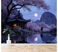 Tzxztt Beautiful Cherry Blossoms Full Moon Mountain Peaks Reflection Modern 3D Wallpaper Premium Textured Silk Neutral Tones Material Ideal for Living Room Bedroom-250cm×170cm