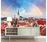 Tzxztt Beautiful Rainbow Red City Architecture Landscape Modern 3D Wallpaper Premium Textured Silk Neutral Tones Material Ideal for Living Room Bedroom-300cm×210cm