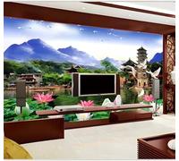 Tzxztt Beautiful Scenery Lotus Pond Countryside Small Hill Modern 3D Wallpaper Premium Textured Silk Neutral Tones Material Ideal for Living Room Bedroom-300cm×210cm
