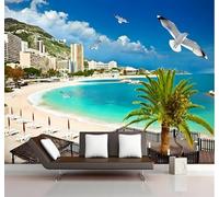 Tzxztt Beautiful Sea Mountains Beach Architecture Birds in Flight Modern 3D Wallpaper Premium Textured Silk Neutral Tones Material Ideal for Living Room Bedroom-150cm×105cm