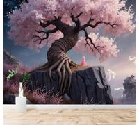 Tzxztt Beautiful Three Dimensional Pink Cherry Blossom Tree Starry Sky Cliff Modern 3D Wallpaper Premium Textured Silk Neutral Tones Material Ideal for Living Room Bedroom-400cm×280cm
