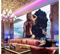 Tzxztt Beautiful Woman Silhouette Beach Blue Sky Small Hill Landscape Modern 3D Wallpaper Premium Textured Silk Neutral Tones Material Ideal for Living Room Bedroom-350cm×256cm