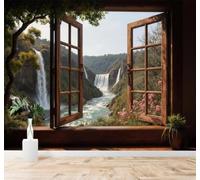 Tzxztt Bird’S Eye View of A Waterfall River and Mountain Scenery; Open Window Modern 3D Wallpaper Premium Textured Silk Neutral Tones Material Ideal for Living Room Bedroom-150cm×105cm