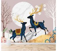 Tzxztt Blue Deer Golden Antlers Trees Full Moon Landscape Modern 3D Wallpaper Premium Textured Silk Neutral Tones Material Ideal for Living Room Bedroom-430cm×300cm