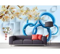 Tzxztt Blue Geometric Circular Small Fish Floral Modern 3D Wallpaper Premium Textured Silk Neutral Tones Material Ideal for Living Room Bedroom-300cm×210cm