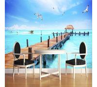 Tzxztt Blue Sky Ocean Wooden Bridge Flying Birds Small Boat Modern 3D Wallpaper Premium Textured Silk Neutral Tones Material Ideal for Living Room Bedroom-350cm×256cm