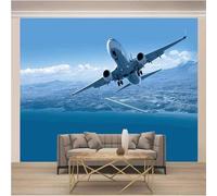 Tzxztt Blue Sky White Clouds Airplane Ocean Art Modern 3D Wallpaper Premium Textured Silk Neutral Tones Material Ideal for Living Room Bedroom-250cm×170cm