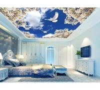 Tzxztt Blue Sky White Clouds Birds in Flight White Flowers Modern 3D Wallpaper Premium Textured Silk Neutral Tones Material Ideal for Living Room Bedroom-200cm×140cm