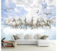 Tzxztt Blue Sky White Clouds Birds in Flight White Horse Art Modern 3D Wallpaper Premium Textured Silk Neutral Tones Material Ideal for Living Room Bedroom-430cm×300cm