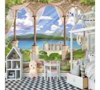 Tzxztt Blue Sky White Clouds Mountain Peaks Rivers Architecture Modern 3D Wallpaper Premium Textured Silk Neutral Tones Material Ideal for Living Room Bedroom-250cm×170cm