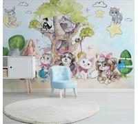 Tzxztt Cartoon Hand Drawn Animals Trees Log Cabin Modern 3D Wallpaper Premium Textured Silk Neutral Tones Material Ideal for Living Room Bedroom-250cm×170cm