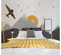 Tzxztt Cartoon Hand Drawn Geometric Mountains Sun Aeroplane Modern 3D Wallpaper Premium Textured Silk Neutral Tones Material Ideal for Living Room Bedroom-430cm×300cm