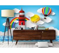 Tzxztt Cartoon Rainbow Hot Air Balloon Lighthouse White Clouds Modern 3D Wallpaper Premium Textured Silk Neutral Tones Material Ideal for Living Room Bedroom-430cm×300cm