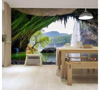 Tzxztt Caves Waterfalls Rivers Green Forests Scenery Modern 3D Wallpaper Premium Textured Silk Neutral Tones Material Ideal for Living Room Bedroom-200cm×140cm