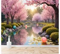 Tzxztt Cherry Blossom Tree Reflection On The Lake Sunrise Garden Landscape Modern 3D Wallpaper Premium Textured Silk Neutral Tones Material Ideal for Living Room Bedroom-430cm×300cm