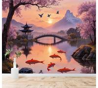 Tzxztt Cherry Blossoms Pagoda Bridge Sunset Red Koi Modern 3D Wallpaper Premium Textured Silk Neutral Tones Material Ideal for Living Room Bedroom-300cm×210cm
