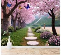 Tzxztt Cherry Blossoms Path Butterflies Spring Garden Modern 3D Wallpaper Premium Textured Silk Neutral Tones Material Ideal for Living Room Bedroom-250cm×170cm