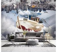 Tzxztt City Architecture Sailing Boat Clouds Sky Creative Three Dimensional Modern 3D Wallpaper Premium Textured Silk Neutral Tones Material Ideal for Living Room Bedroom-350cm×256cm