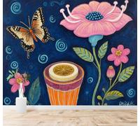 Tzxztt Colourful Butterflies Pink Flowers Abstract Blue Swirl Modern 3D Wallpaper Premium Textured Silk Neutral Tones Material Ideal for Living Room Bedroom-430cm×300cm