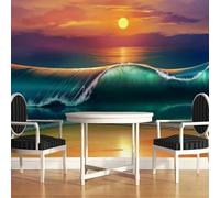 Tzxztt Cosy Sunset Beach Moon Wave Landscape Modern 3D Wallpaper Premium Textured Silk Neutral Tones Material Ideal for Living Room Bedroom-350cm×256cm