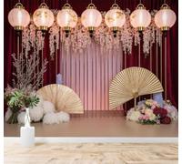 Tzxztt Creative Beautiful Cherry Blossoms Gold Fan Lantern Modern 3D Wallpaper Premium Textured Silk Neutral Tones Material Ideal for Living Room Bedroom-250cm×170cm