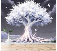 Tzxztt Creative Three Dimensional White Glowing Tree Roots Night Sky Flying Pigeons Modern 3D Wallpaper Premium Textured Silk Neutral Tones Material Ideal for Living Room Bedroom-200cm×140cm