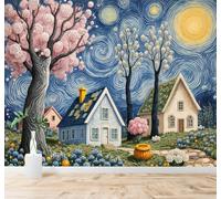 Tzxztt Dreamlike Village Scenery Lush Flowering Trees Starry Sky Modern 3D Wallpaper Premium Textured Silk Neutral Tones Material Ideal for Living Room Bedroom-350cm×256cm