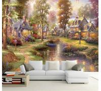 Tzxztt Elegant Hand Painted Houses Trees Rivers Modern 3D Wallpaper Premium Textured Silk Neutral Tones Material Ideal for Living Room Bedroom-350cm×256cm
