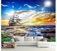 Tzxztt Elegant Sunset Sailboat Sea Flying Birds Modern 3D Wallpaper Premium Textured Silk Neutral Tones Material Ideal for Living Room Bedroom-300cm×210cm